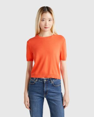 Benetton Benetton, Maglia Manica Corta 100% Cotone, Donna - Blu