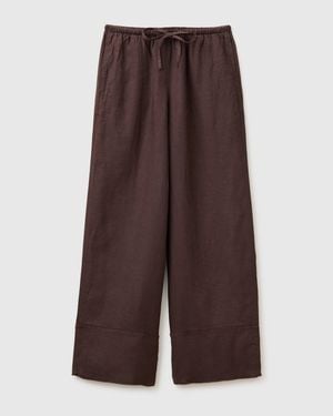 Benetton Benetton, 100% Linen Cuffed Trousers - Brown