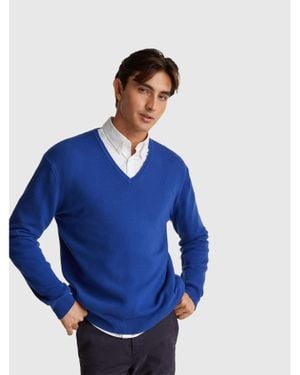 Benetton Benetton, Pull Bleu Col V En Pure Laine Mérinos, Taille, Homme