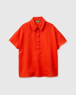 Benetton Benetton, 100% Linen Short-Sleeved Blouse - Red