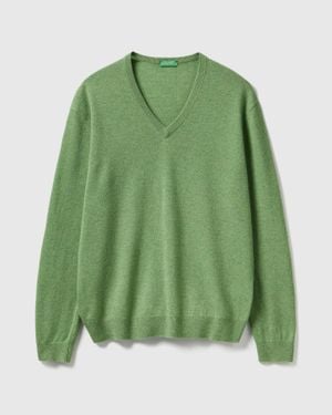 Benetton Benetton, Hellgrüner Melange-Pullover Mit V-Ausschnitt Aus Reiner Merinowolle, Größe, Hellgrün, Herren