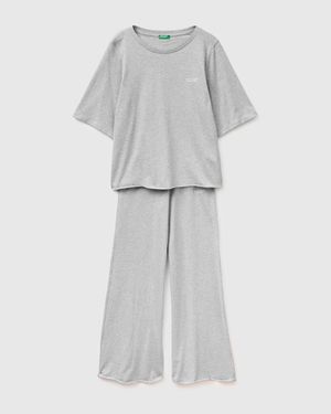 Benetton Benetton, Pijama Ligero De Algodón Jaspeado, Talla, Gris Claro, Mujer - Negro