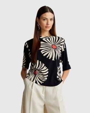 Benetton Benetton, Maglietta Con Fantasia Floreale, Blu, Donna - Nero