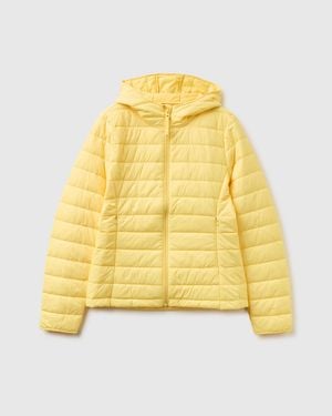 Benetton Benetton, Chaqueta Ligera De Plumas Con Capucha, Talla, Amarillo, Mujer