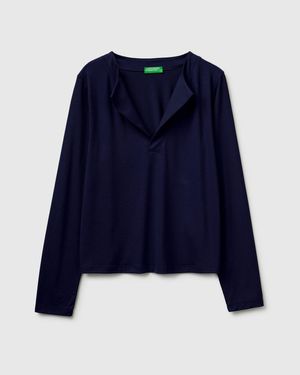 Benetton Benetton, Camiseta Con Solapas, Talla, Azul Oscuro, Mujer