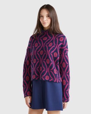 Benetton Benetton, Jersey De Cuello Alto De Jacquard, Azul Oscuro, Mujer - Morado