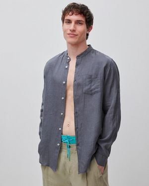 Benetton Benetton, Chemise En Pur Lin À Col Mandarin, Taille, Gris, Homme - Noir