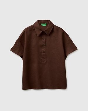 Benetton Benetton, 100% Linen Short-Sleeved Blouse - Brown