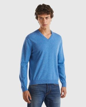 Benetton Benetton, Pull Col V Bleu Chiné En Pure Laine Mérinos, Taille, Bleu, Homme