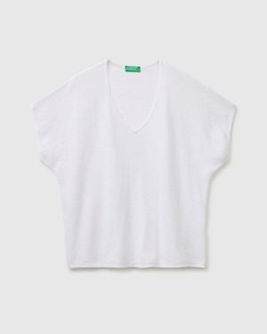 Benetton Benetton, V-Ausschnitt-Pullover Aus Leinenmischung, Größe, Weiss, Damen - Schwarz
