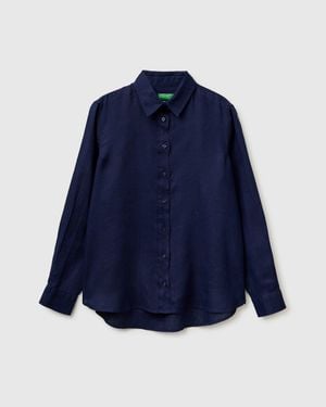 Benetton Benetton, Camisa De Corte Regular En Lino Puro, Talla, Azul Oscuro, Mujer