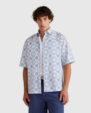 Benetton Benetton, Camisa Estampada Manga Corta, Azul, Hombre