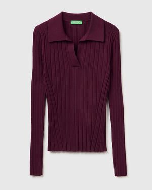 Benetton Benetton, Suéter De Canalé Con Cuello Polo, Talla, Burdeos, Mujer - Morado
