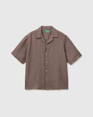 Benetton Benetton, 100% Linen Short-Sleeved Shirt - Brown