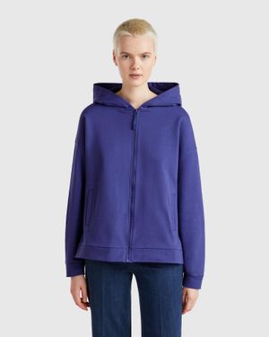 Benetton Benetton, Felpa 100% Cotone Con Zip E Cappuccio, Blu, Donna