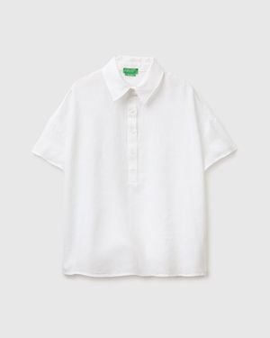 Benetton Benetton, Blusa De Manga Corta 100% Lino, Talla, Blanco, Mujer - Negro