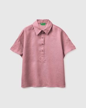 Benetton Benetton, Blusa A Manica Corta 100% Lino, Taglia, Rosa, Donna