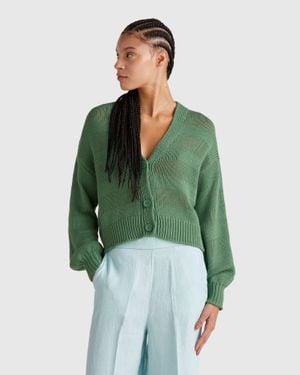 Benetton Benetton, Cardigan Lavorato 100% Cotone, Verde, Donna