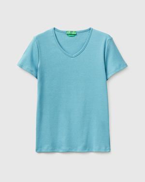 Benetton Benetton, Slim Fit T-Shirt With V-Neck - Blue