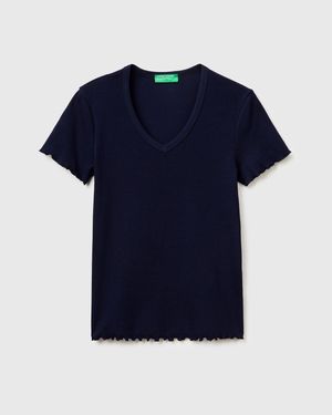 Benetton Benetton, Ribbed V-Neck T-Shirt - Blue