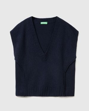 Benetton Benetton, Gilet Col V En Laine Mélangée, Taille, Bleu Foncé, Femme