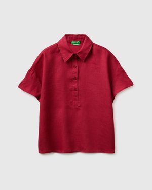 Benetton Benetton, Blusa De Manga Corta 100% Lino, Talla, Fresa, Mujer - Rojo