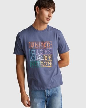 Benetton Benetton, Camiseta De Algodón Con Logotipo, Talla, Azul Grisáceo, Hombre