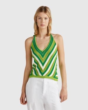Benetton Benetton, Top A Righe Crochet, Verde Chiaro, Donna