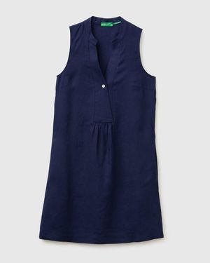 Benetton Benetton, Vestido Corto 100% Lino, Talla, Azul Oscuro, Mujer