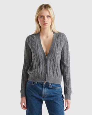 Benetton Benetton, Cardigan Boxy Fit Con Trecce E Trafori, Grigio Scuro, Donna - Nero