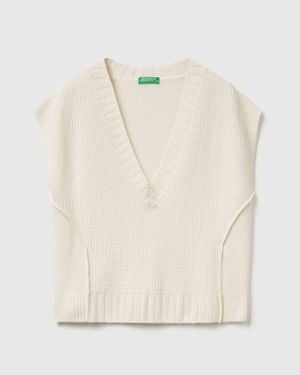 Benetton Benetton, Gilet Col V En Laine Mélangée, Taille, Crème, Femme - Noir