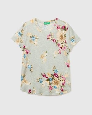 Benetton Benetton, Floral Linen Blend T-Shirt - Black