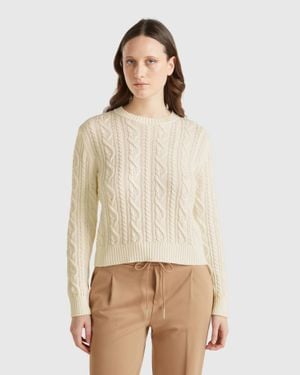 Benetton Benetton, Maglia A Trecce 100% Cotone, Bianco Panna, Donna - Neutro