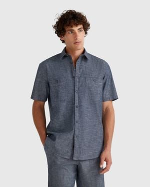 Benetton Benetton, Camisa Cambray Manga Corta, Azul, Hombre - Negro