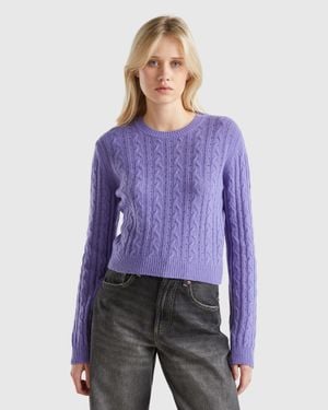 Benetton Benetton, Cropped Jumper With Cable Knit And Perforations - Purple