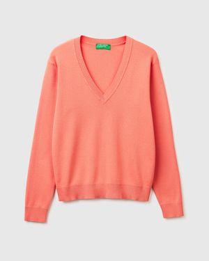Benetton Benetton, Dunkelblauer Trikot-Baumwollpullover Mit V-Ausschnitt, Größe, Pfirsichrosa, Damen - Rot