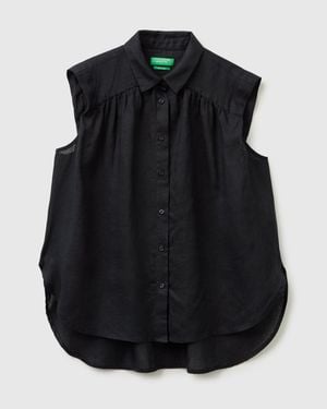 Benetton Benetton, 100% Linen Sleeveless Blouse - Black