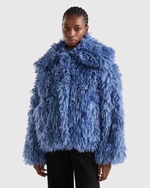 Benetton Short Coat In Faux Fur - Blue