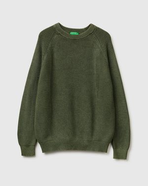 Benetton Benetton, Suéter De Corte Regular Lavado A La Piedra, Talla, Militar, Mujer - Verde