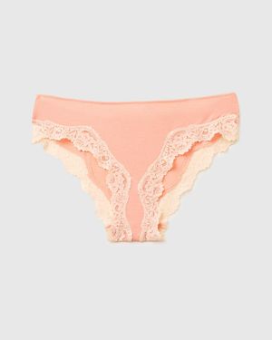 Benetton Benetton, Klassischer Slip Aus Seidenmischgewebe Mit Spitze, Größe, Pfirsichrosa, Damen - Schwarz