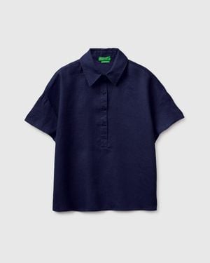 Benetton Benetton, 100% Linen Short-Sleeved Blouse - Blue
