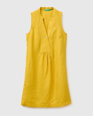 Benetton Benetton, Vestido Corto 100% Lino, Talla, Mostaza, Mujer - Amarillo