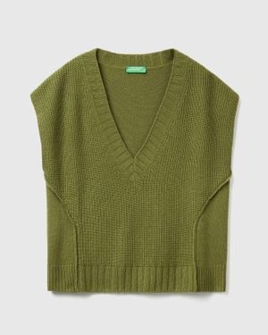 Benetton Benetton, Gilet Col V En Laine Mélangée, Taille, Kaki, Femme - Vert