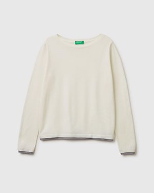 Benetton Benetton, 100% Merino Wool Boat Neck Jumper - White