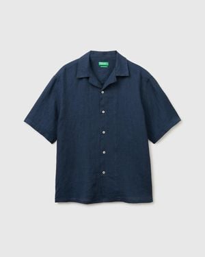Benetton Benetton, 100% Linen Short-Sleeved Shirt - Blue
