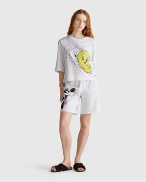 Benetton Benetton, Pigiama Con Stampa Looney Tunes, Bianco, Donna - Nero