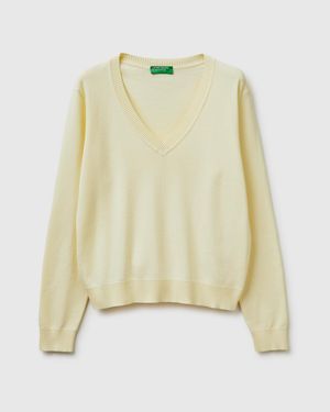 Benetton Benetton, Suéter De Tricot De Algodón Con Cuello En V De Color Amarillo Claro, Talla, Amarillo, Mujer