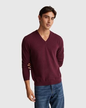 Benetton Benetton, Pull Col V Prune En Pure Laine Mérinos, Taille, Bordeaux, Homme - Rouge