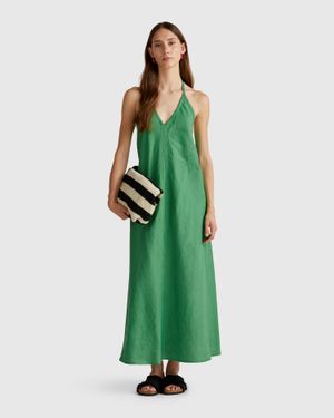Benetton Benetton, Langes Kleid Aus Reinem Leinen, Grün