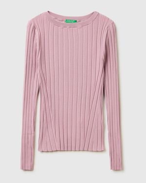 Benetton Benetton, Figurbetonter Rippstrickpullover, Größe, Zartrosa, Damen - Pink
